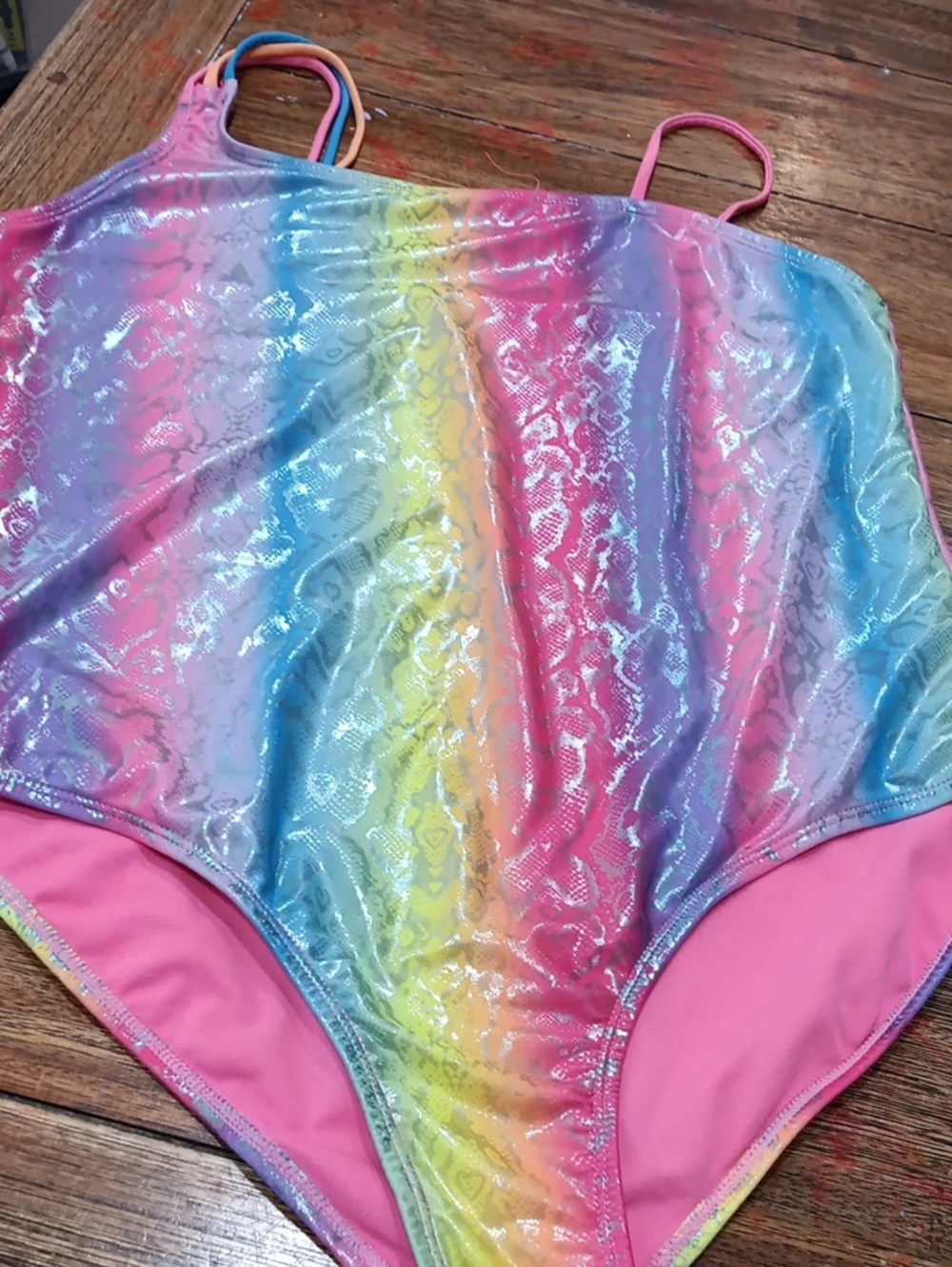 wonder nation Rainbow Metallic One-Piece Swimsuit with Pink Trim